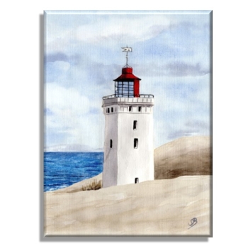 Leinwand 40 x 30 cm Keilrahmen Canvas-Leinen Aquarell Maritim Kunst Druck Kunstdruck Nordsee Dänemark Danmark Leuchtturm Rubjerg Knude Düne Blokhus Lokken Sonnenuntergang